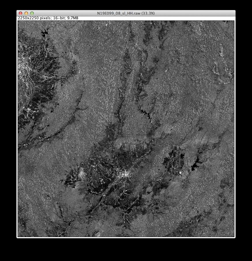 PALSAR 25 m global mosaic data RAW data format GEOTIF header information 4500x4500 pixels 16 bits (UINT) Backscatter (HH) Radar
