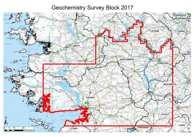 Geochemical: The upcoming phase of the geochemical survey will commence across County Galway, County Roscommon and parts of the Midlands of Ireland from May 2017 through to autumn 2017.
