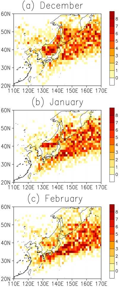 phase (14 months). At the strong monsoon phase, northwesterly anomalies prevail over the eastern coast of China, Korea, and Japan.