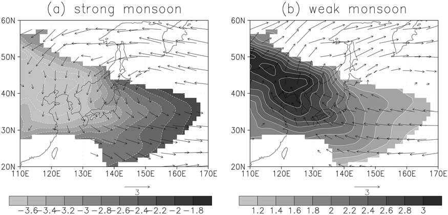 Figure 2. Composite anomaly patterns in the 850-hPa temperature and wind vector in East Asia at (a) the strong phase and (b) the weak phase of the East Asian winter monsoon.
