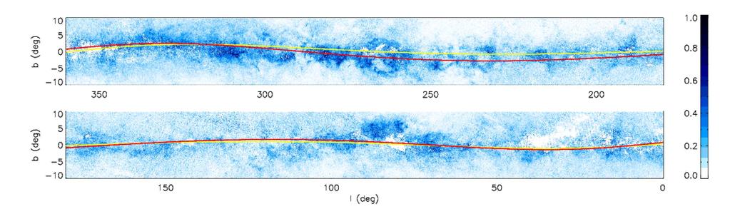 3D Reddening maps in disk 7 Figure 8. Warp in the dust distribution as revealed by our 3D colour excess map.