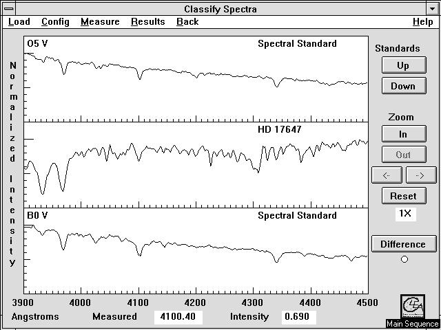 Version 1.0 FIGURE 2 THE CLASSIFICATION WINDOW 2.) Call up the spectra of a practice "unknown" star by dragging down the LOAD pull-down menu. You will see 3 choices SPECTRUM, ATLAS, and LINE TABLES.
