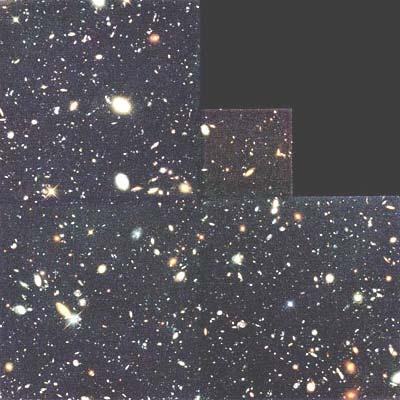 Tiny area of sky. 1/12 angular size of full moon. Among the faintest objects ever measured. 10 days exposure with Hubble Space Telescope. Only 20 stars. Remaining 5000 objects are galaxies.