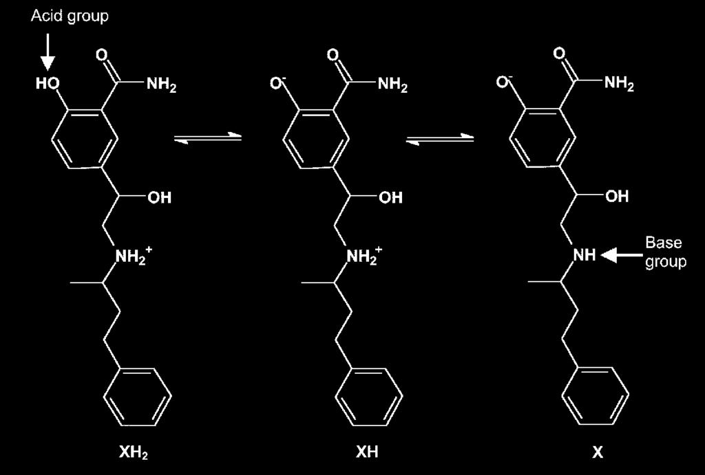 Figure 6. Structure of labetalol showing ionized and neutral species and identifying the ionizing groups.