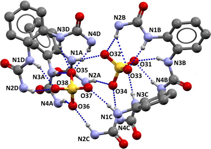 4.9 Single crystal structure of R 1 K 2 SO 4 Hydrogen bond lengths and angles formed with two SO 4 2 anions (Fig. 7c and Fig. S12): N3B O31 2.835(6) Å; N4B O31 2.855(8) Å; N1A O32 2.