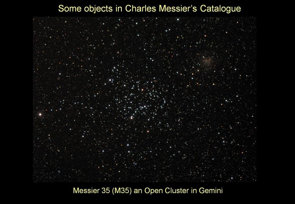 Messier 35 (M35) is a beautiful Open Cluster in the constellation of Gemini. It is just visible using binoculars but is best seen in a small to medium sized telescope.