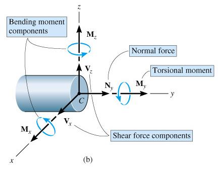 -In 3D, the internal force and couple moment resultant will act at the section. - N y : normal force. - V x, V z : shear force components.