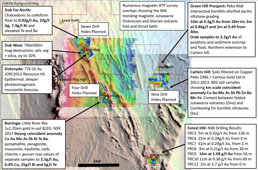 Figure 1: Overview magnetic map and highlights of the Junee Project showing all the targets identified by New South Resources.