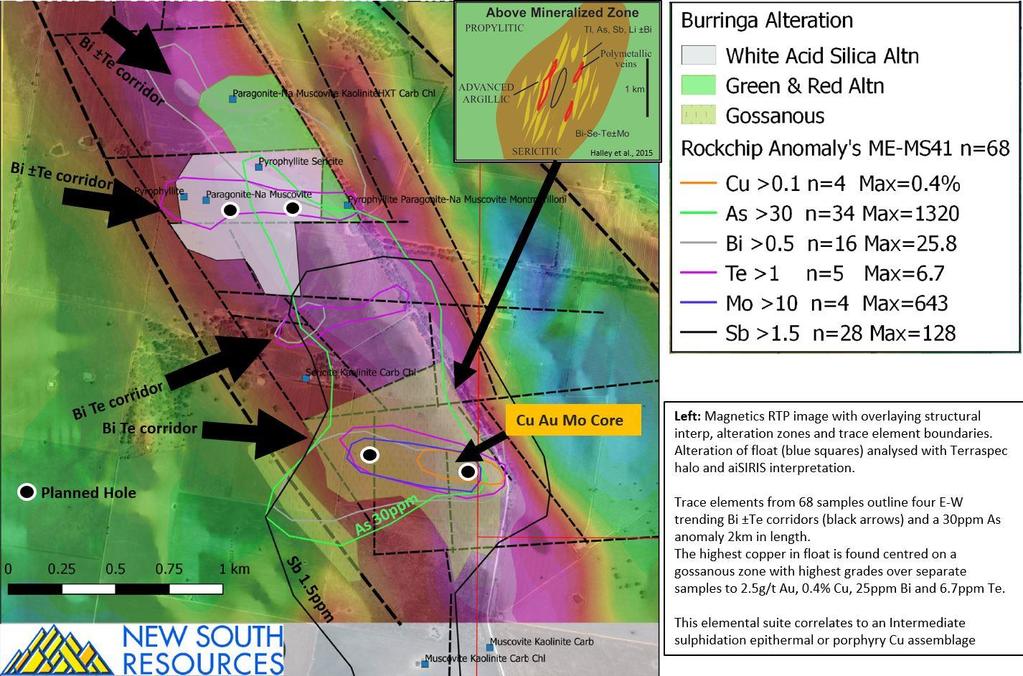 Burringa Burringa (originally announced on the 20 th March 2018) is located 7 km south of Dobroyde and is a large new zone considered to be prospective for gold and copper, figures 1 and 4.