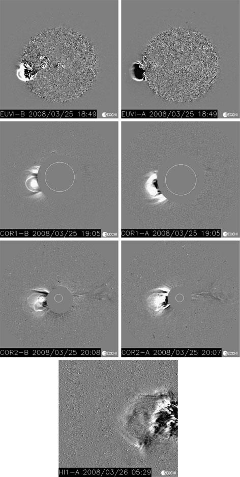 D.F. Webb et al. Figure 6 STEREO SECCHI images of the March 25, 2008 WHI CME, a classic three-part CME with an M1.7 flare, a coronal wave, coronal dimming and a type II burst.