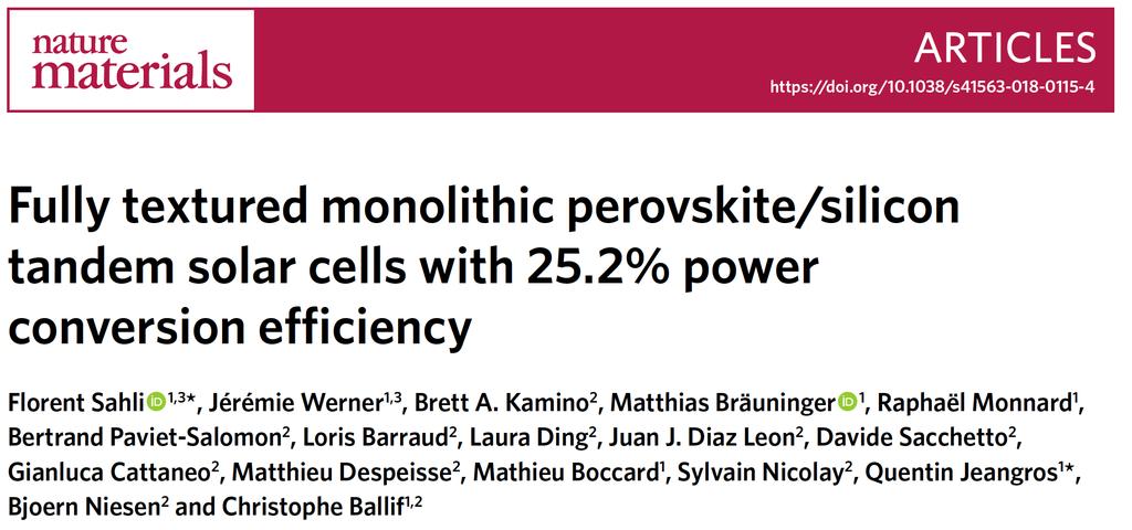 Most efficient monolithic perovskite/silicon tandem 11.06.2018 Oxford PV reports 25.