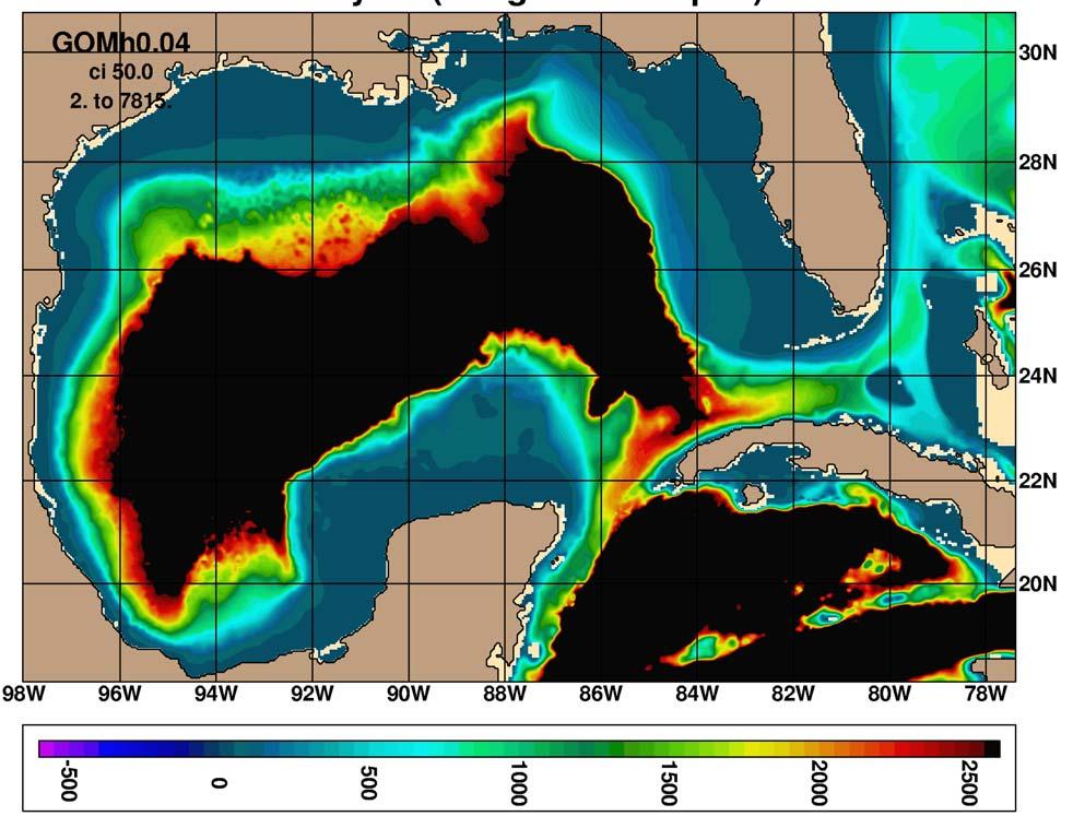 20 layer 1/25 Gulf of Mexico Model (~4 km) Open boundary locations Method of Characteristics used To update the barotropic mode