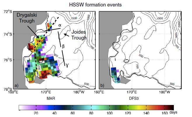 Differences in HSSW formation in a Ross Sea model for MAR (regional atmospheric model: 40 km resolution) and