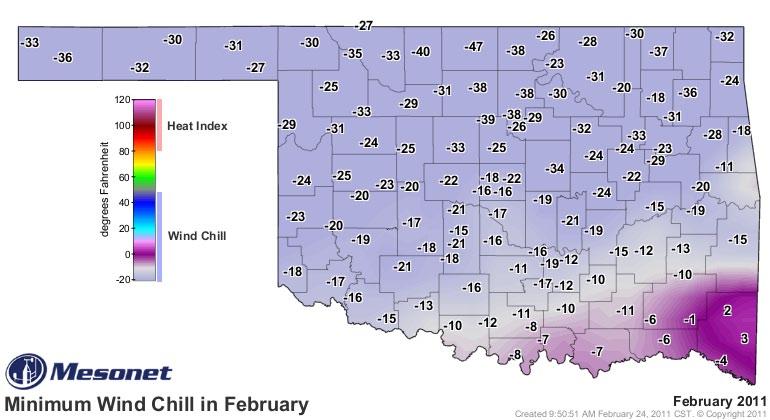 Wind Chill This map displays the lowest wind chill temperature observd at each Mesonet site in