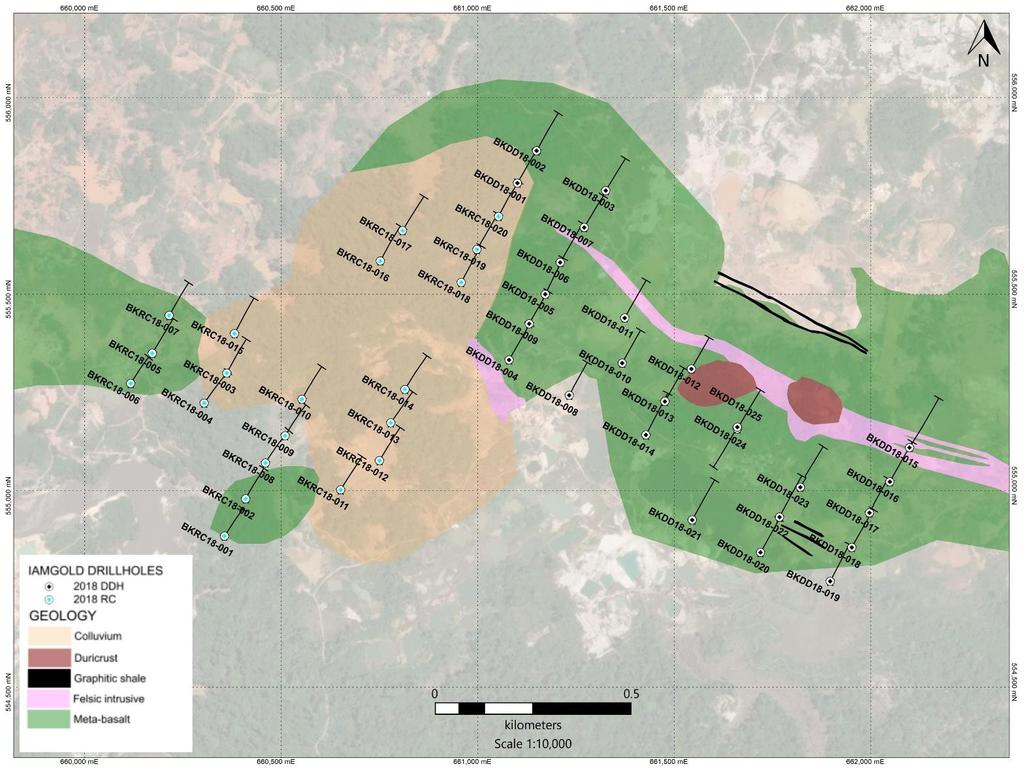 Figure 2: Brokolonko Drill Hole Plan with Significant Intersects from Year 2018 Drilling Program BKRC18-003 8.0m at 1.17 g/t Au 14.0m at 0.
