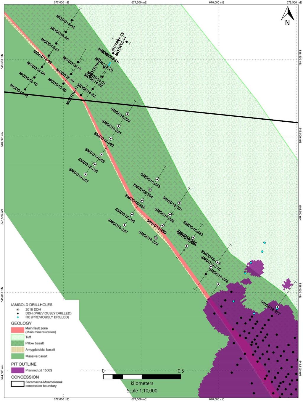 Figure 1: Saramacca Northwest Extension Drill Hole Plan with Significant Intersects MODD14-07 4.5m at 3.07 g/t Au MODD15-18 3.0m at 0.87 g/t Au 3.0m at 1.96 g/t Au MODD14-06 10.5m at 0.93 g/t Au 10.