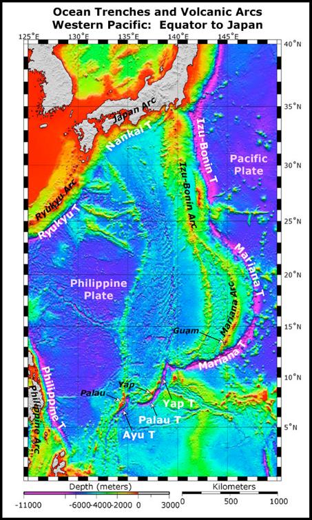 Satellite altimetry data of the western Pacific from the equator to Japan. Submarine trenches are magenta. Volcanic Arcs are indicated by italicized text.