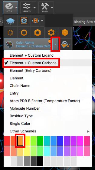 6. Click the Color Atoms arrow 7. Choose Element (Custom Ligand), and pick orange from the secondary menu Ligand carbon atoms are orange 8.