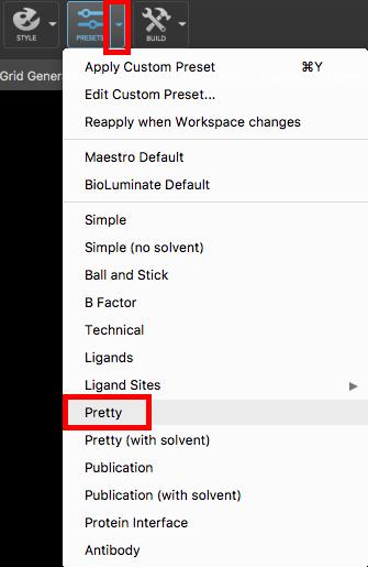 4.2 Apply a Preset style 1. Click the Presets arrow 2. Choose Pretty The Workspace is rendered with ribbons, a green thick-tube ligand, and side chains are hidden 3.