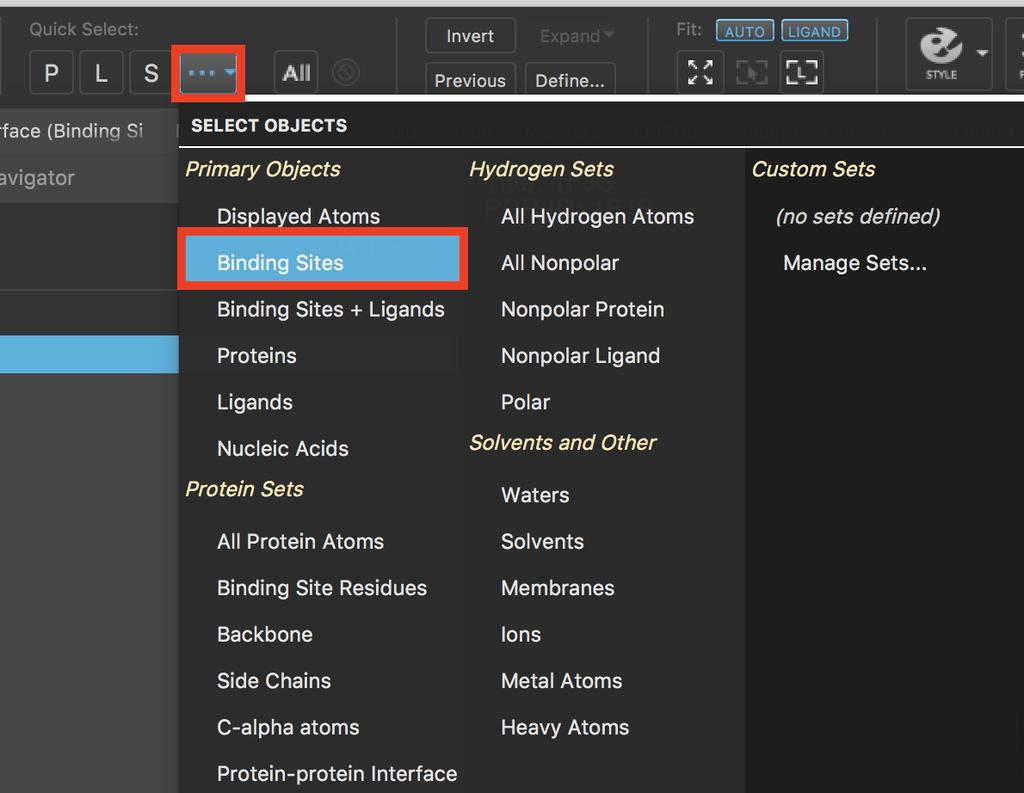4.5 Generate and manipulate a surface 6. Under Quick Select, click and choose Binding Sites 7.