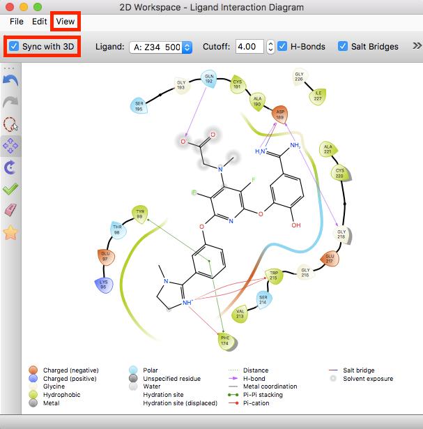 2. Check Sync with 3D and rotate the ligand in the Workspace Ligand orientation is changed in the 2D representation 3.