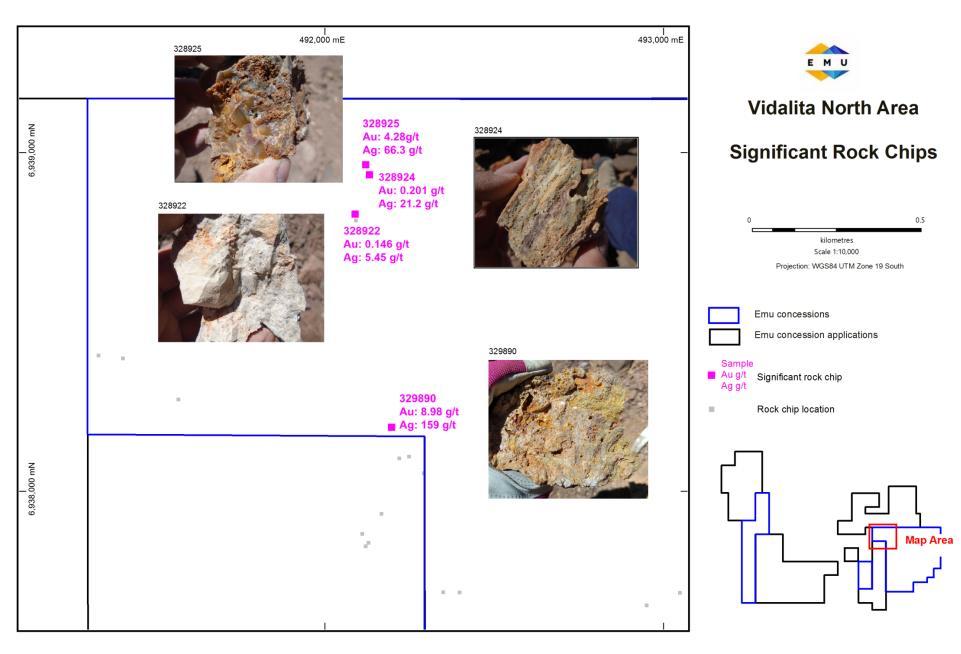 Encouraging Results Rock chips Vidalita north area Individual samples of rocks in this area show better grades of 0.20 g/t Au + 21.2 g/t Ag 4.28 g/t Au + 66.3 g/t Ag 8.
