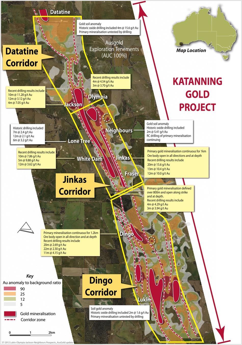 Katanning Gold Project (KGP) Geological framework Jinkas Corridor identified over a strike length of 4km with multiple high grade zones Dingo Corridor 1.
