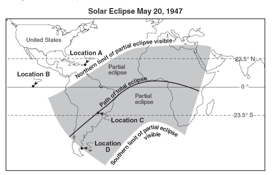 Base your answers to questions 12 through 13 on the world map below, which shows regions of Earth where a solar eclipse was visible on May 20, 1947. Locations A, B, C, and D are on Earth s surface.