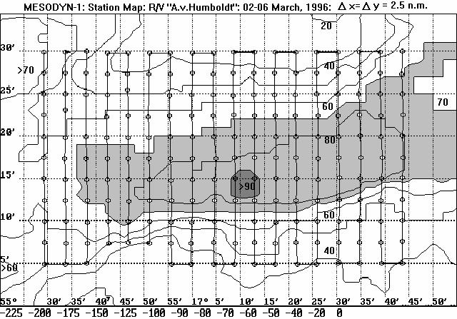 Fig.2 Hydrographic stations (dots) over the rough bottom topography (isobaths in metres) A total of 192 vertical CTD-profiles was gathered between both thresholds of the furrow.