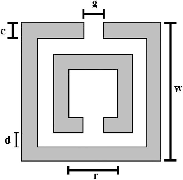 WOODLEY, WHEELER, AND MOJAHEDI FIG. 1. Schematic of the split ring resonator. The dimensions used in the simulations were r=0.506 mm, c=0.124 mm, d =0.15 mm, and g=0.114 mm.