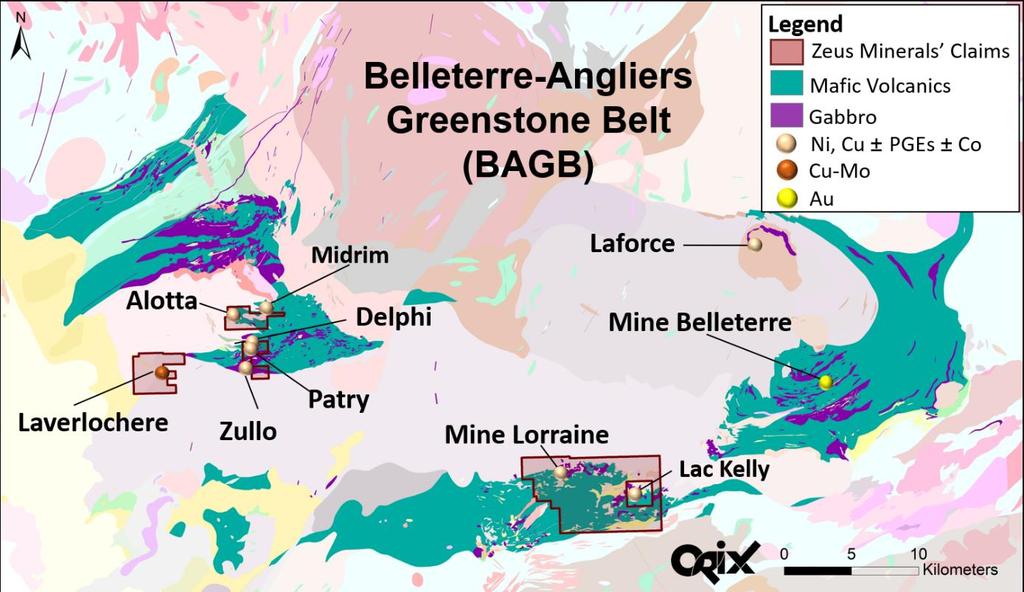 Figure 2: Project Areas and Mineral Occurrences Belleterre-Angliers Greenstone Belt As previously reported (ASX: 12 February 2019) within the Lorraine Project area this VTEM survey will test the