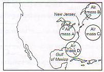 26. In the diagram, the air mass most likely to affect New Jersey the next day would be a. air mass A. b. air mass B. c. air mass C. d. air mass D.