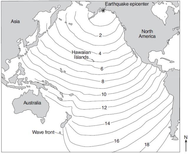 3. The map shows changes in the position of the tsunami wave front produced by the 1964 Alaskan earthquake.