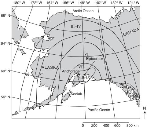 The cities Kodiak and Anchorage are shown on the map. The Mercalli scale describes earthquake damage at Earth s surface. 4. Describe one type of damage that occurred in Anchorage but not in Kodiak. 5.