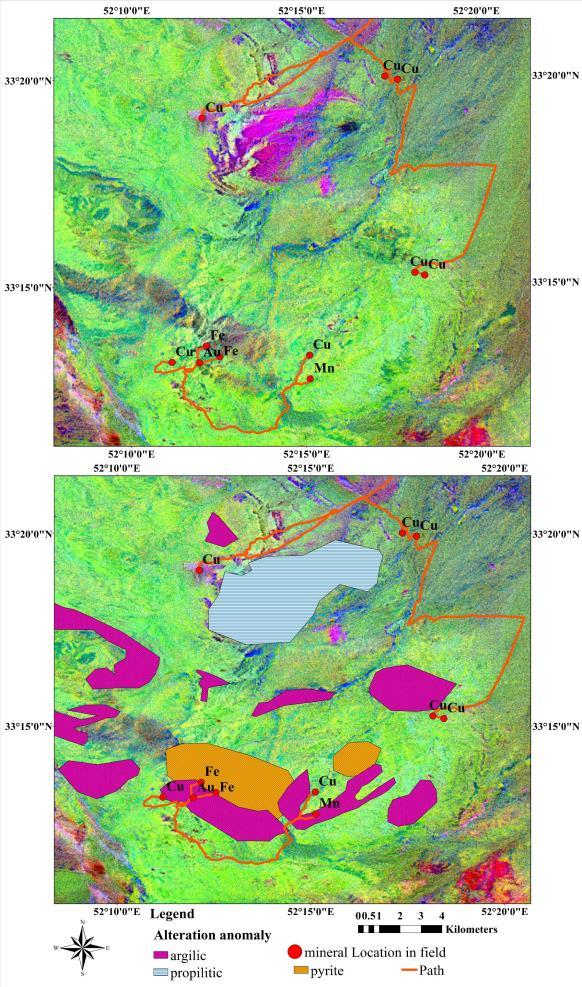 Figure 11. Geological validation of remote sensing results in localization of mineral zones. A) Field observation path on RGB color composite of IC 2, 3 and 6 image.