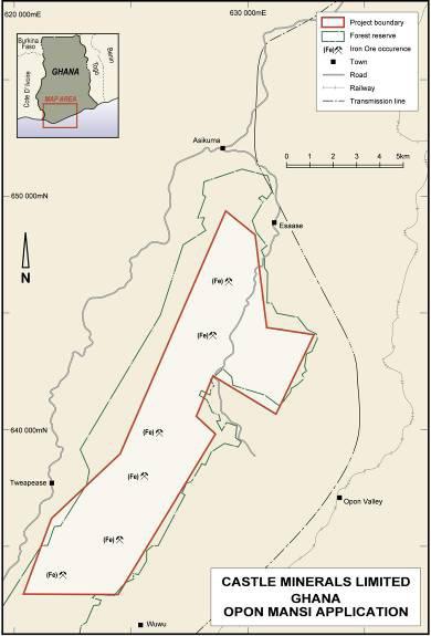 The Opon Mansi iron ore deposits are located on the top of a range of hills that extend from Opon Valley in the south towards Dunkwa in the north.