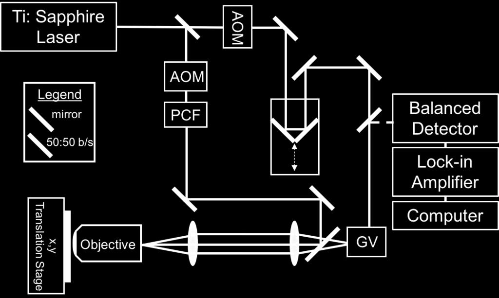 AOM: Acoustooptic modulator, GV: galvanometer mirrors, and b/s: beam splitter.