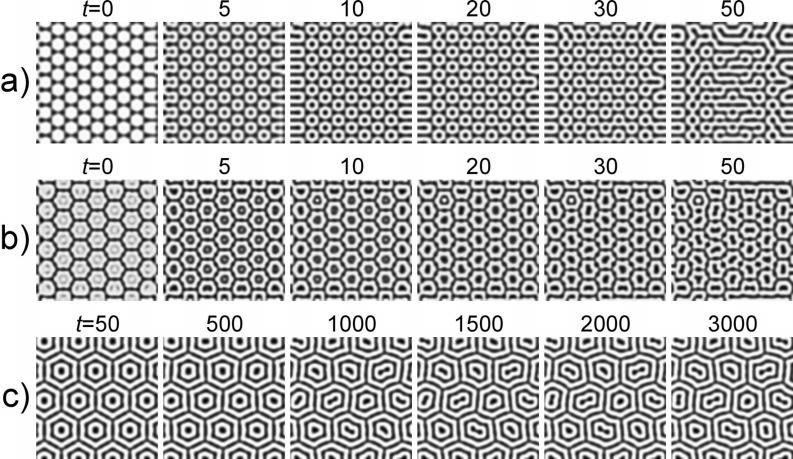 generated visible defects in the superlattice patterns, but below a threshold noise amplitude the perturbed patterns relaxed back to the original superlattices after removal of the noise.