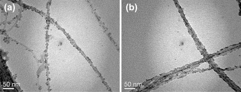 Figure S3. TEM micrographs (100 kev) of (a) hybrid of 2.0 nm radius CdSe NPs and enriched semiconducting arc-discharge SWNTs and (b) hybrid of 1.