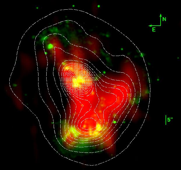 Multiwavelength Morphology of IRAS16399-0937 1'' Green: Hα+[NII] (HST ACS) Red: 1.