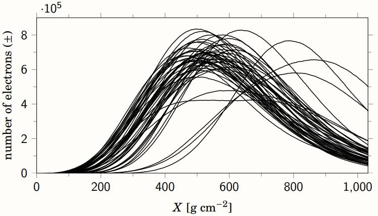 Figure 2: Longitudinal profile of electrons (e and e + ) of a vertical 1 15 ev proton initiated shower. Figure from [14]. However, showers with the same initial conditions are not the same.