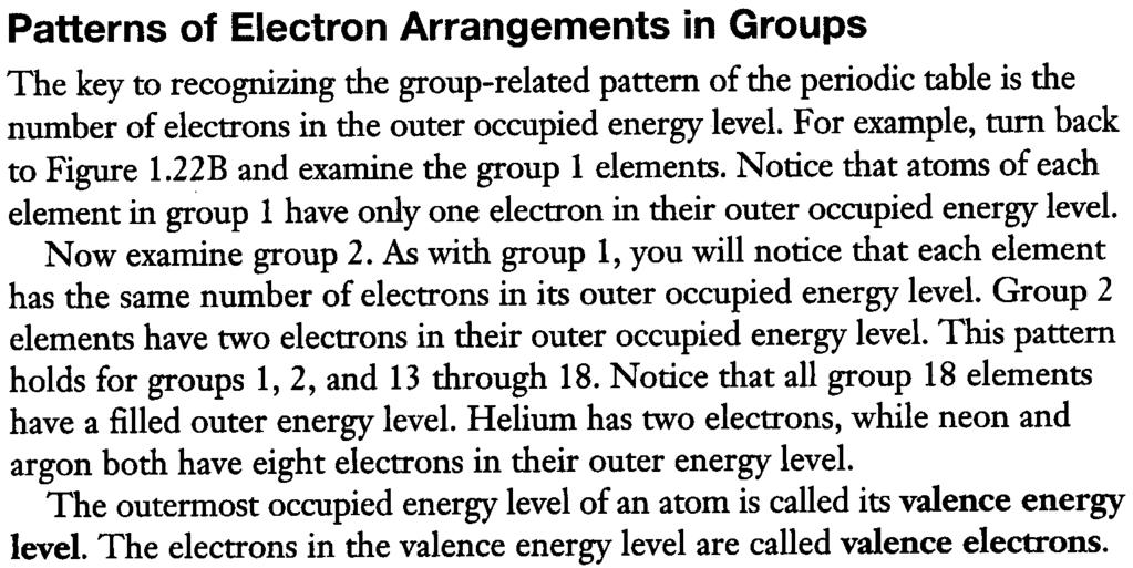 ,. Patterns of Electron Arrangements in Groups The key to recognizing the group-related pattern of the periodic table is the number of electrons in the outer occupied energy level.