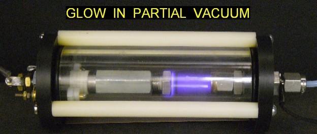 Fig. 10. Glow discharge of hydrogen in partial vacuum at 7 mbars Fig. 11. Glow discharge of air in partial vacuum at 12 mbars. The glowing plasma enveloping the cathode is clearly visible.