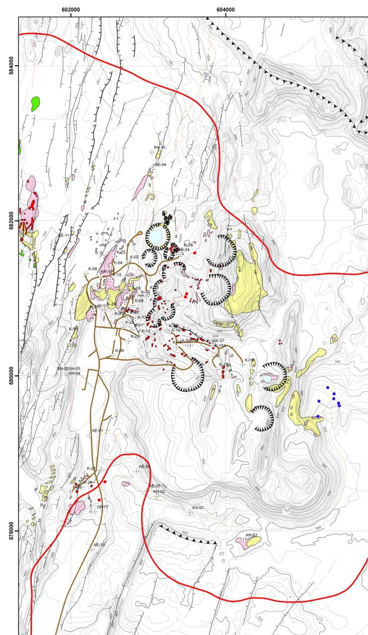 Geohazards 5 Saemundsson FIGURE 8: Explosion craters (circular) of Krafla geothermal area. Red line marks the outline of a high resistivity body at 600 m depth, enveloped by a low resistivity zone.