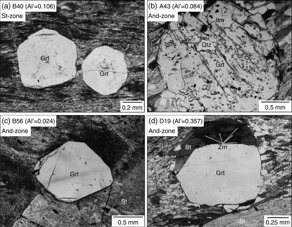 10 P. Yang, D. Pattison / Lithos xx (2005) xxx xxx Fig. 6. Photomicrographs of garnets coexisting with staurolite in sub-aluminous pelites (a) B40, (b) A43, and (c) B56 and aluminous pelite (d) D19.