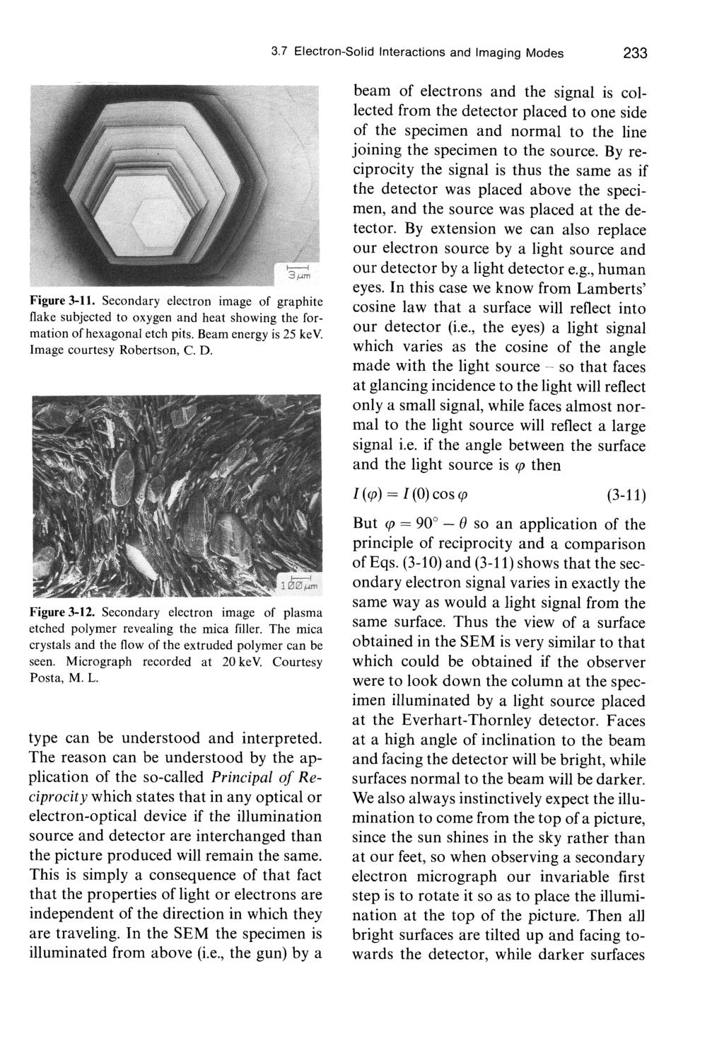 3.7 Electron-Solid Interactions and Imaging Modes 233 Figure 3-11. Secondary electron image of graphite flake subjected to oxygen and heat showing the formation of hexagonal etch pits.