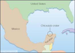 300 km in diameter in the Yucatán peninsula, ~ 65 million years ago.