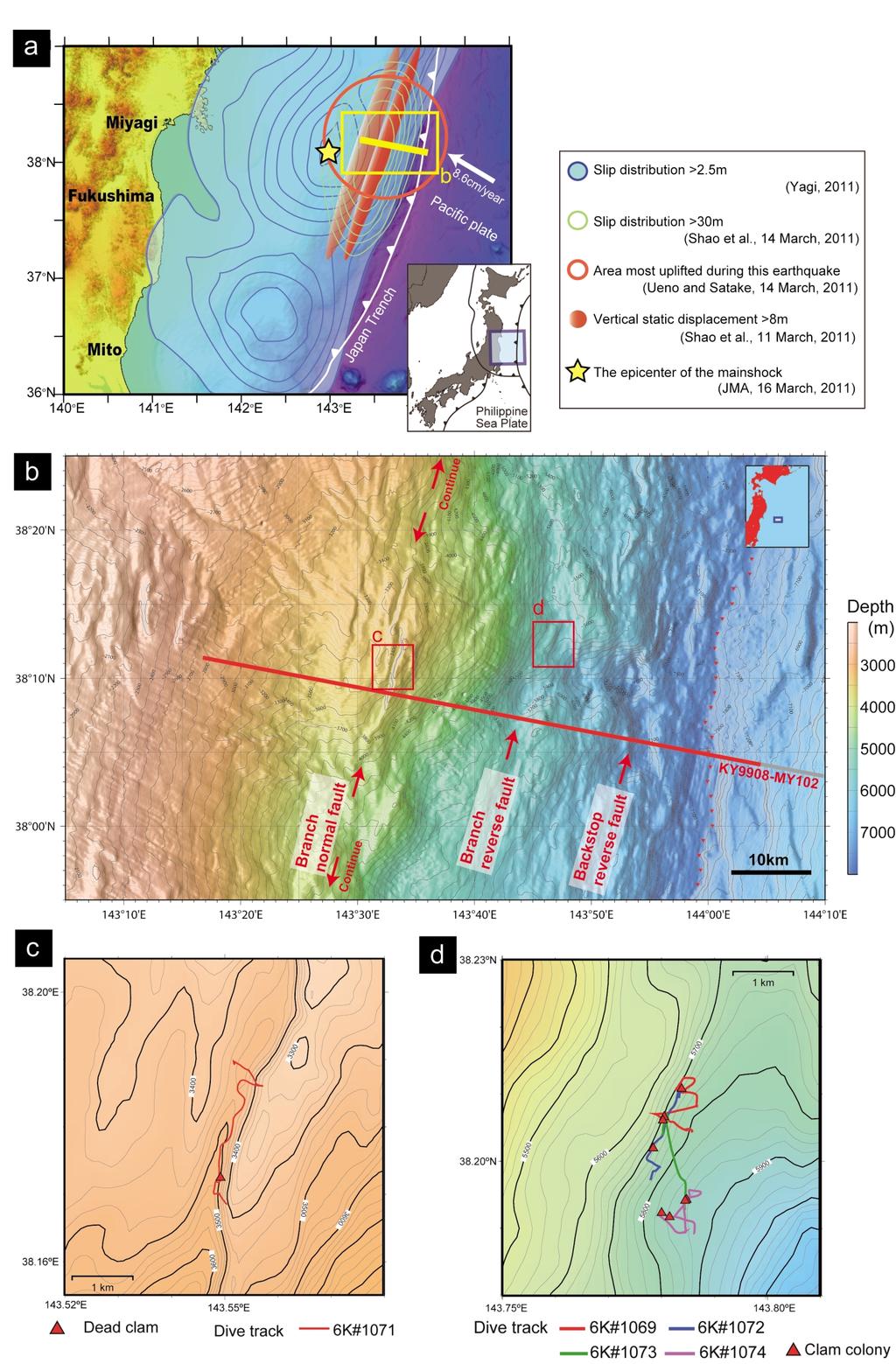 832 T. TSUJI et al.: POTENTIAL TSUNAMIGENIC FAULTS Fig. 1. (a) Seismic survey line (yellow line), energy and slip distribution of the 2011 earthquake, and area of tsunami induction.