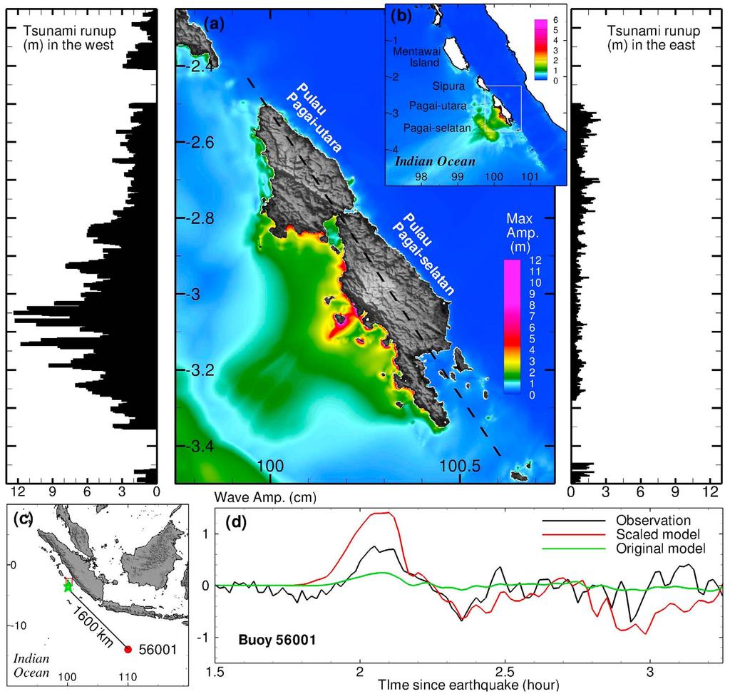 Figure 4. Comparison of tsunami data with model predictions using the seafloor displacement in Figure 3.