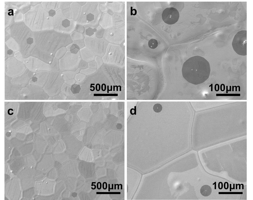 Figure S3. The influence of the methane flow rate on the quality of single-crystal graphene domains. SEM images of single-crystal graphene domains grown in a gas flow of 700 sccm hydrogen and (a) 4.
